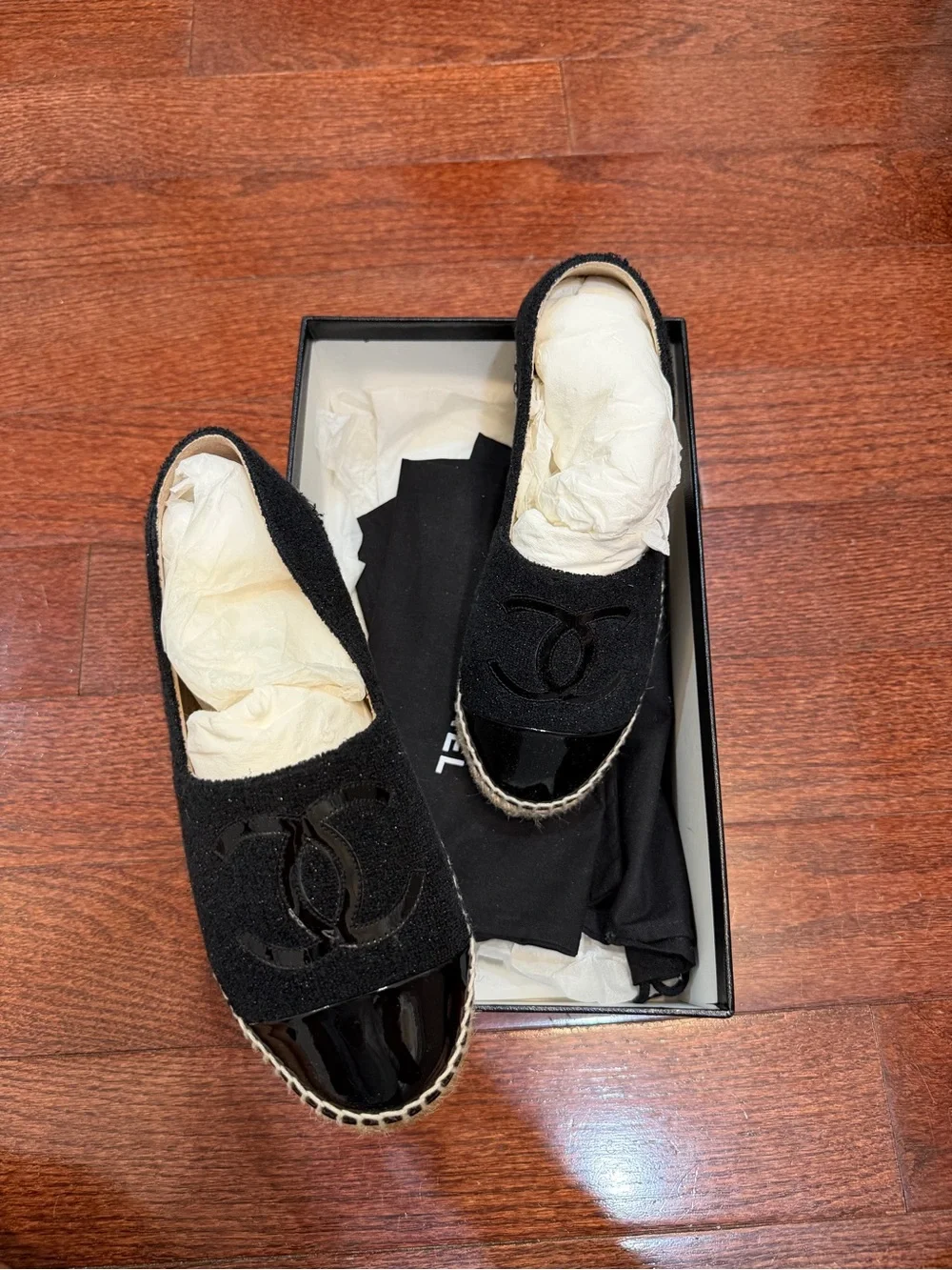 Authentic Chanel Black Tweed/Patent Espadrilles Size 35